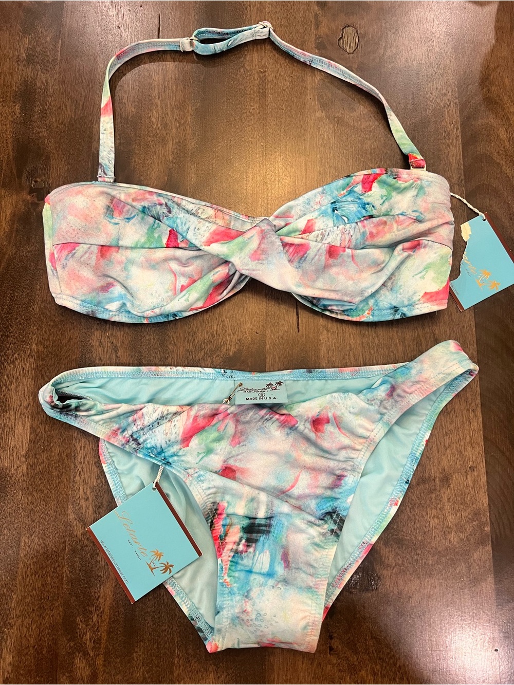 NWT Letarte Pastel Watercolor Twist Bandeau Bikini - blues, Coral, Aqua  SZ S